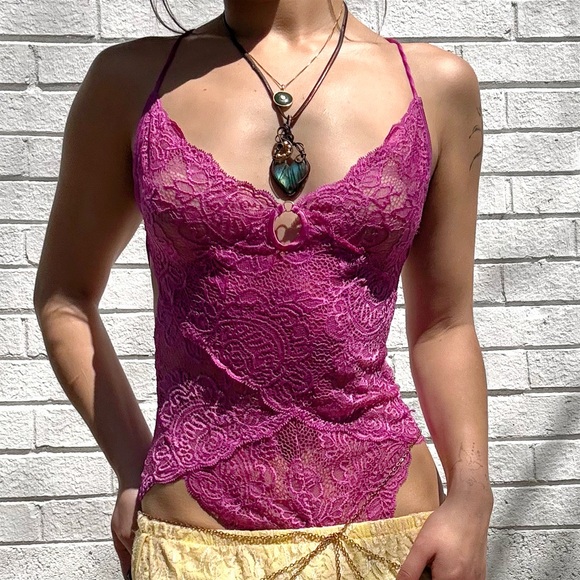 Victoria's Secret Tops - Y2K Victoria’s Secret Very Sexy Pink Lace Open Back Bodysuit S Fairy Festival